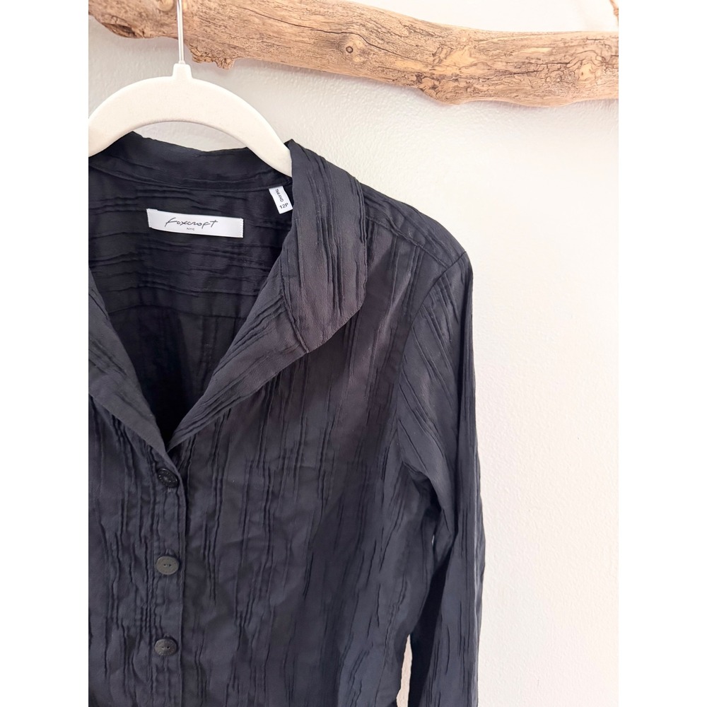 Foxcroft NYC Black Crinkle Texture Button Down Shirt Petite 12P Long Sleeve - Picture 3 of 6